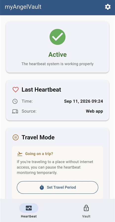The myAngelVault mobile app — Heartbeat screen showing an active status and Travel Mode