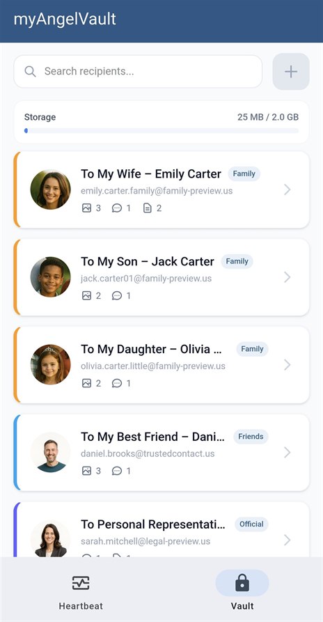 The myAngelVault mobile app — Vault screen with each recipient and their content